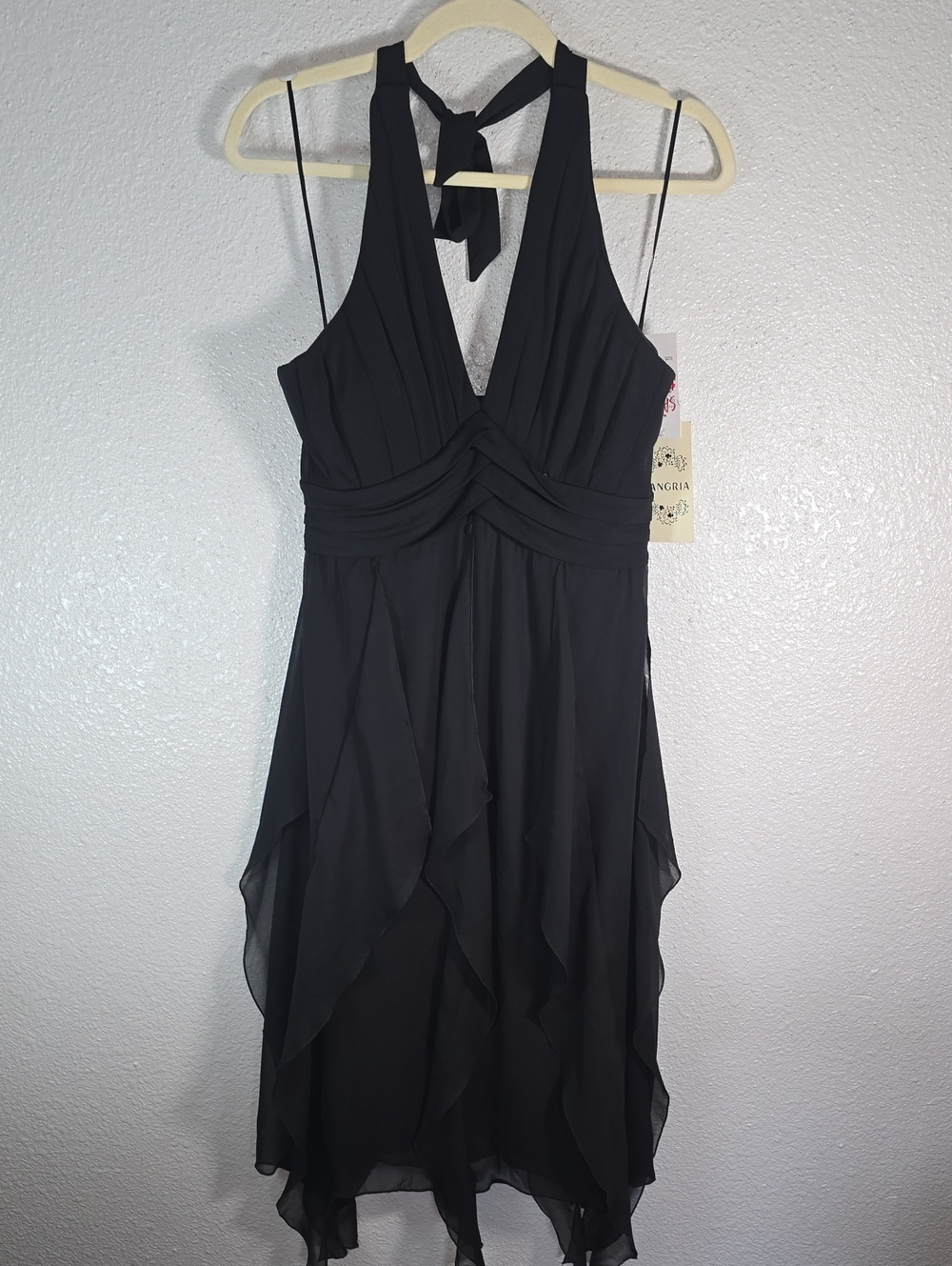 Sangria Black Halter Evening Dress with V-Neck